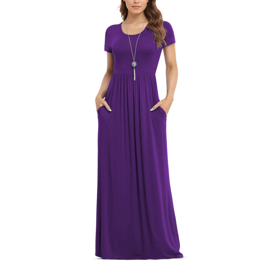 Women'S Short Sleeve Loose Plain Maxi Dresses Casual Long Dresses with Pockets,Us Size,Dark Purple,Xl